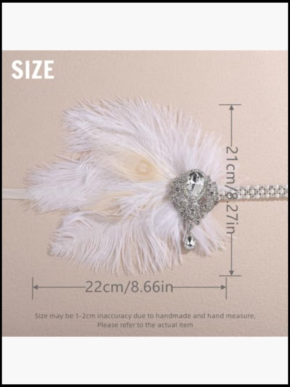1920s Flapper White Feather Headband with Crystal Pendant Rhinestone Hair - Picture 5 of 7